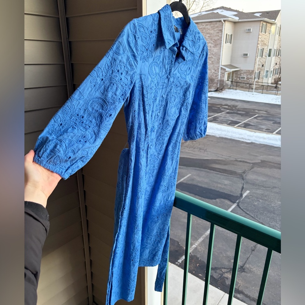 🆕 Tahari Spring Blue Embroidered Shirt Dress XS Belted Button Front Midi Cotton - Picture 6 of 17